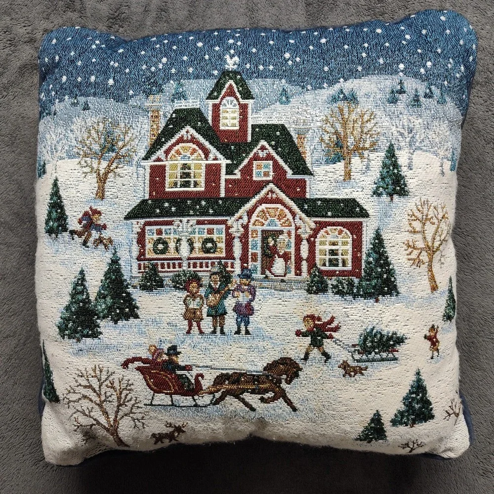 Christmas throw pillow sleigh winter trees snow carolers deer children tapestry